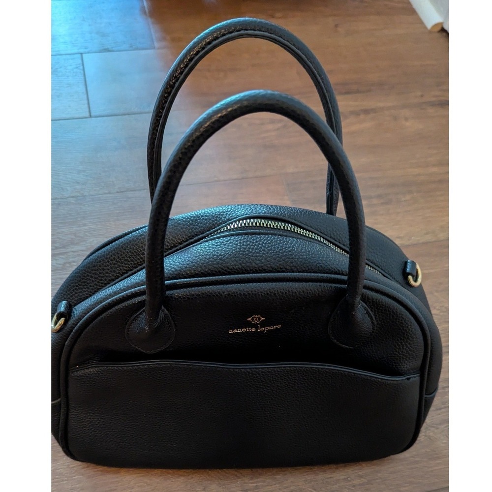 Nanette Lepore Black Pebbled Vegan Leather Dome Satchel Gold Hardware Handbag